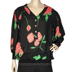 Vintage 70s Jo Hanna York Rose Print 3/4 Balloon Sleeve Banded Blouse Size 1X